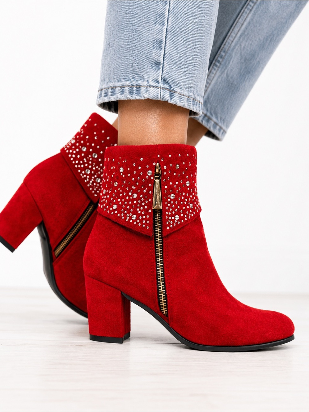 Red Rhinestone Ankle Boots EU 37 US 6.5 Block Heel Statement Booties